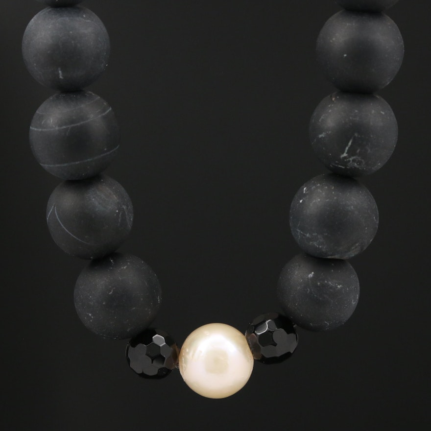 Semi-Baroque Pearl and Black Onyx Beaded Necklace with 14K Gold Clasp