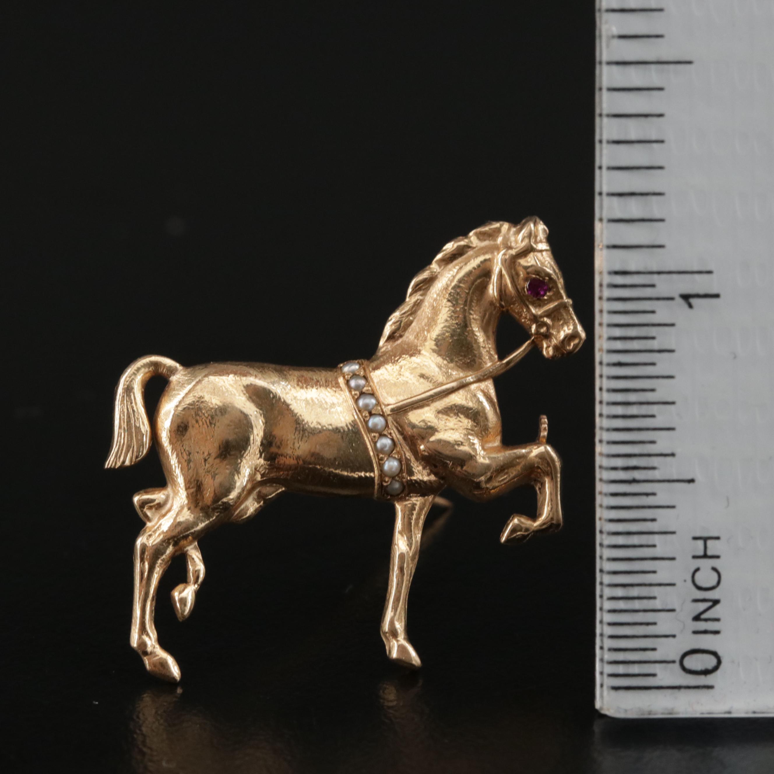 14K Ruby and Seed Pearl Horse Brooch
