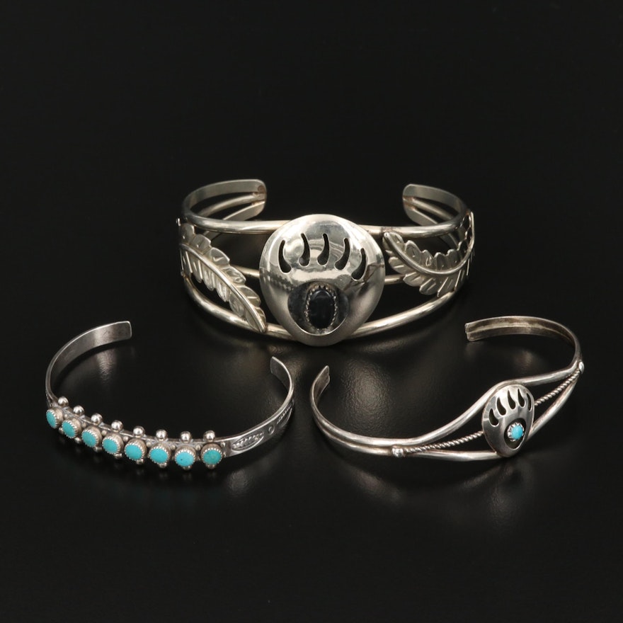 Western Cuff Bracelets Including Sterling, Obsidian and Turquoise