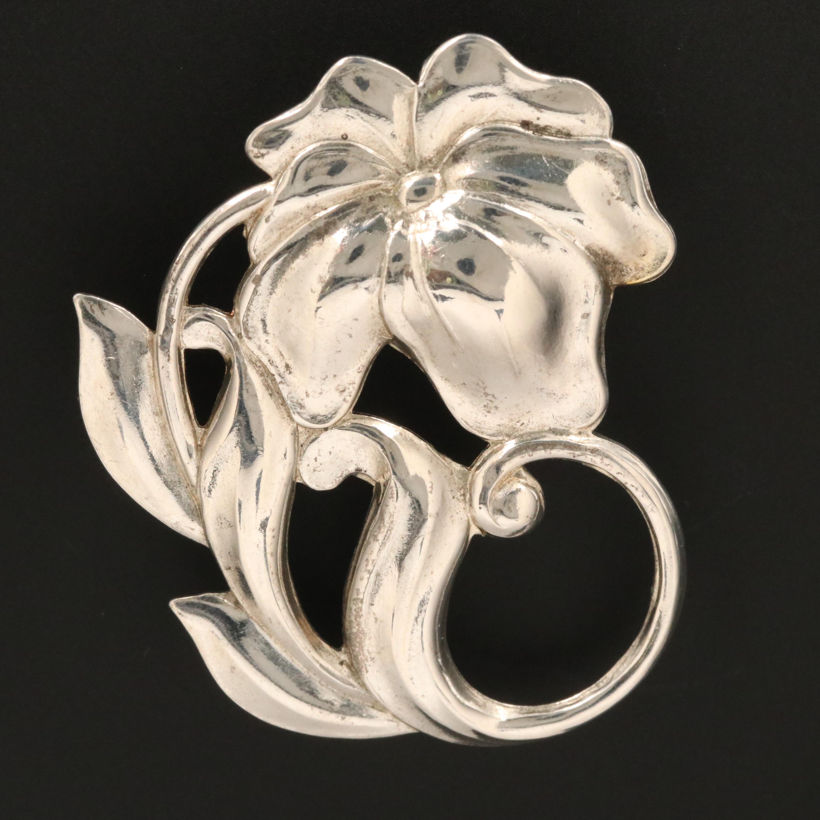 Vintage Sterling Silver Floral Brooch