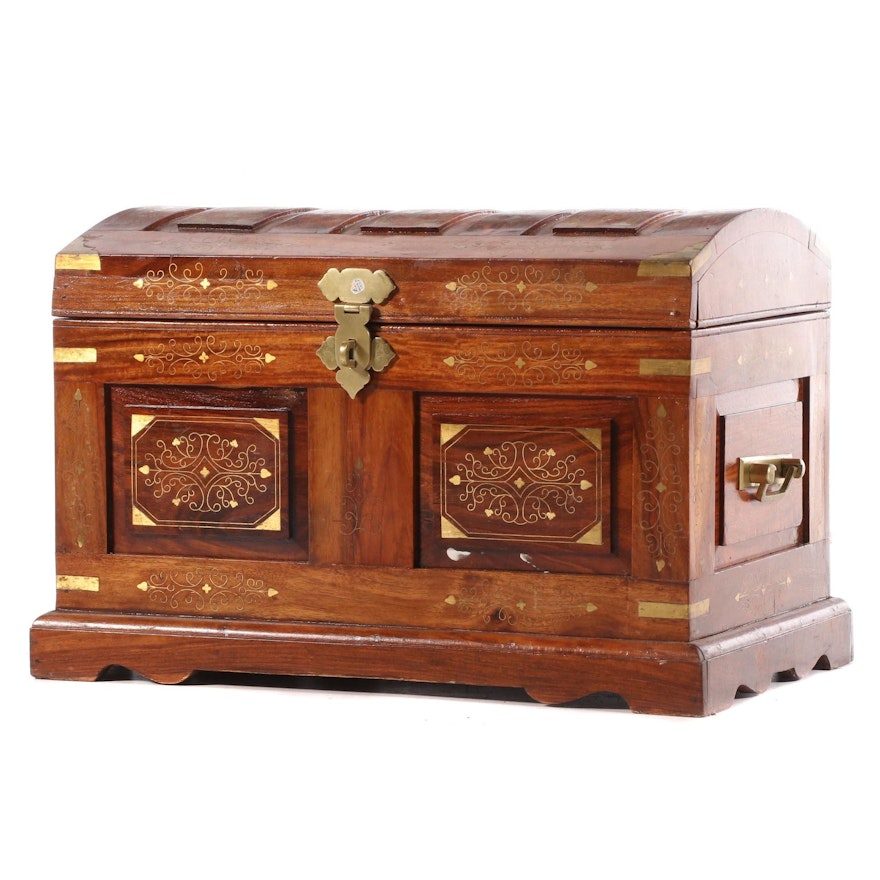 Pakistani Hardwood and Brass Marquetry Diminutive Dome-Top Chest