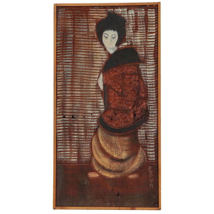 Ralph Eno Carved Wood Relief Panel of Woman