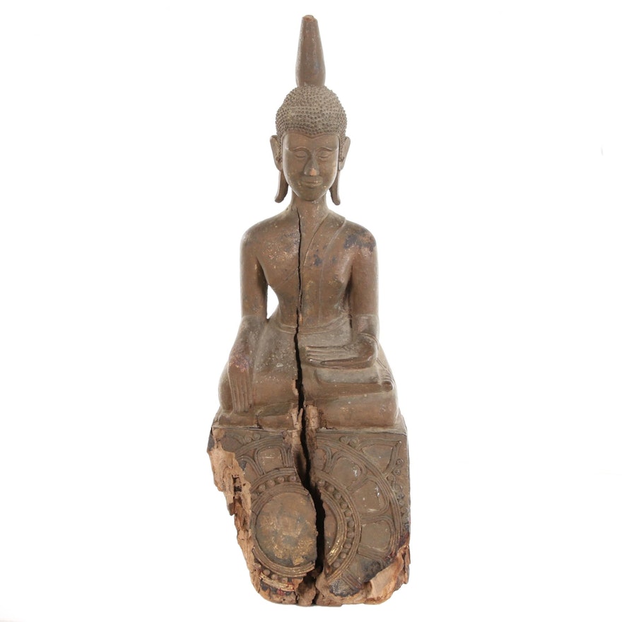 Laotian Mandalay Style Carved Teak Wood Buddha, Early 20th Century