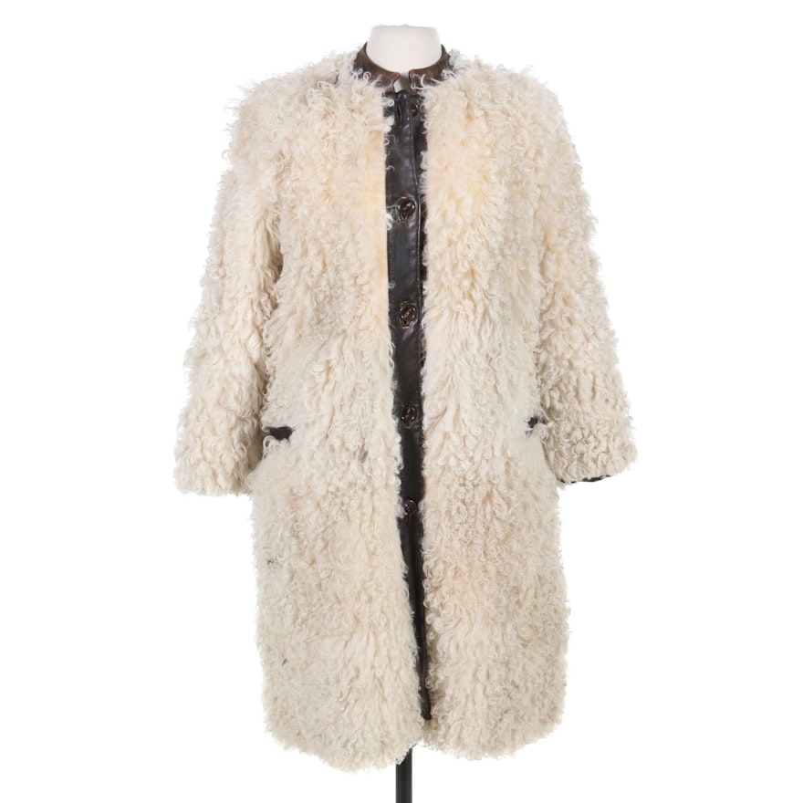 Albert Alfus Mongolian Lamb Fur Coat with Leather Trim, 1970s Vintage