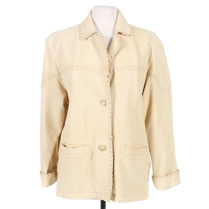 Women's Georgetown Leather Design Ivory Leather Jacket with Whipstitching