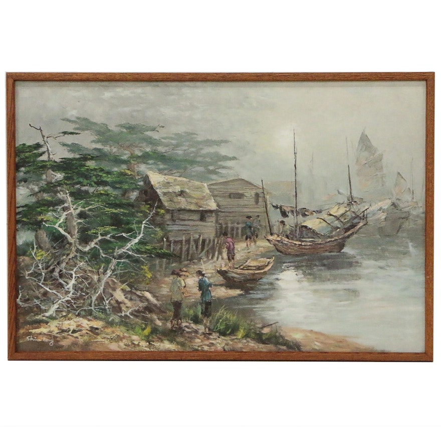 Oil Painting of Fishing Village, Late 20th Century