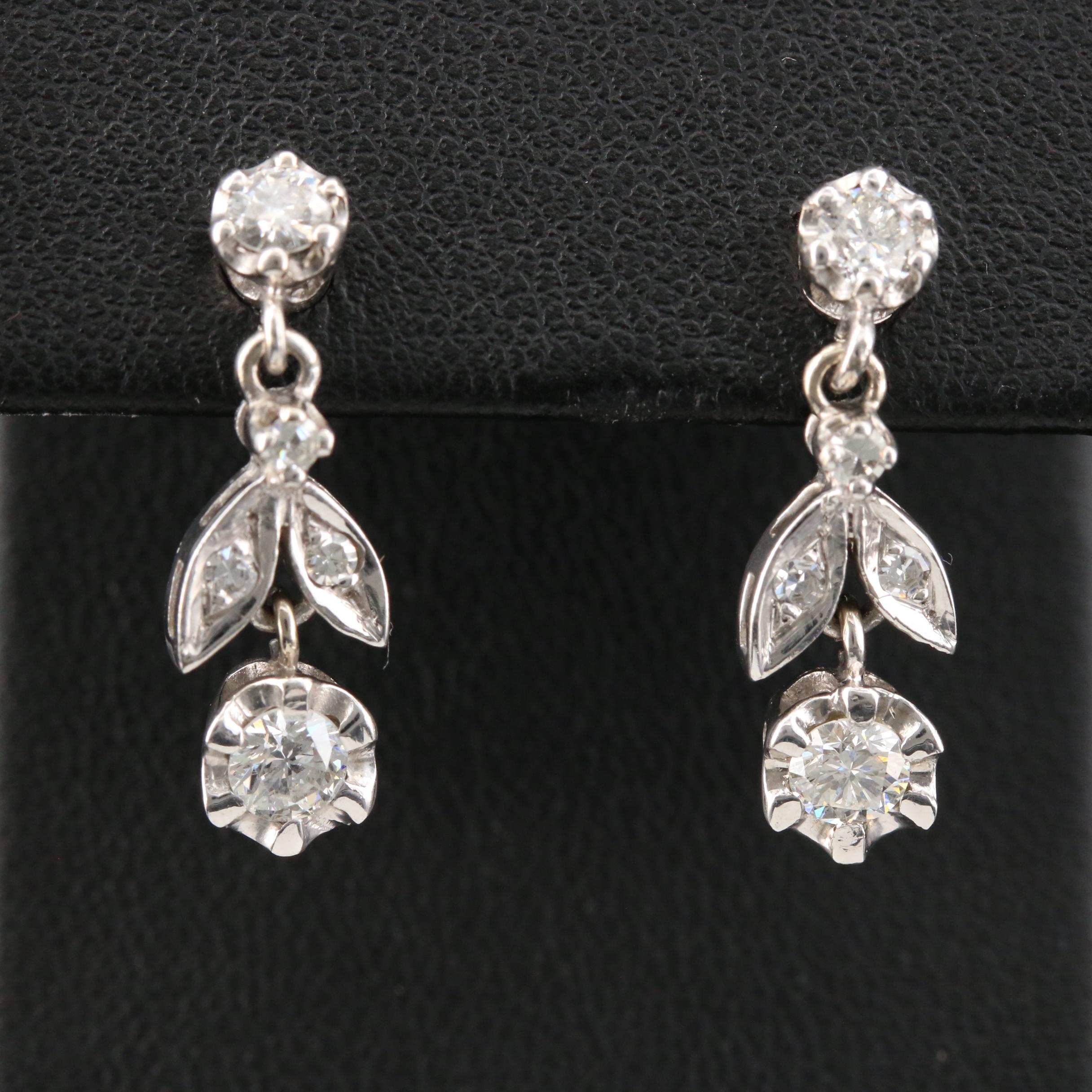 Circa 1950 14K White Gold Diamond Flower Dangle Earrings