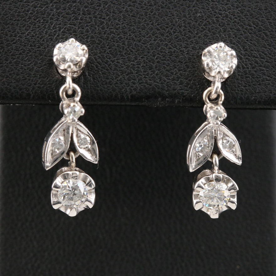 Circa 1950 14K White Gold Diamond Flower Dangle Earrings
