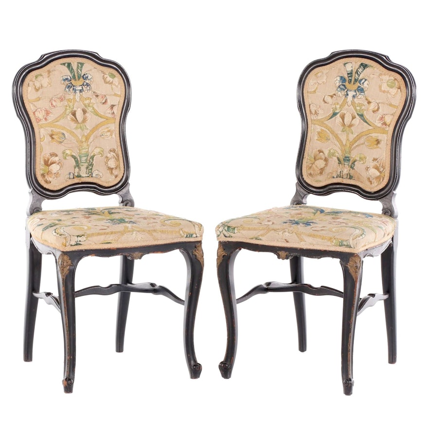 Pair of Louis XV Style Ebonized, Parcel-Gilt, and Embroidered Side Chairs