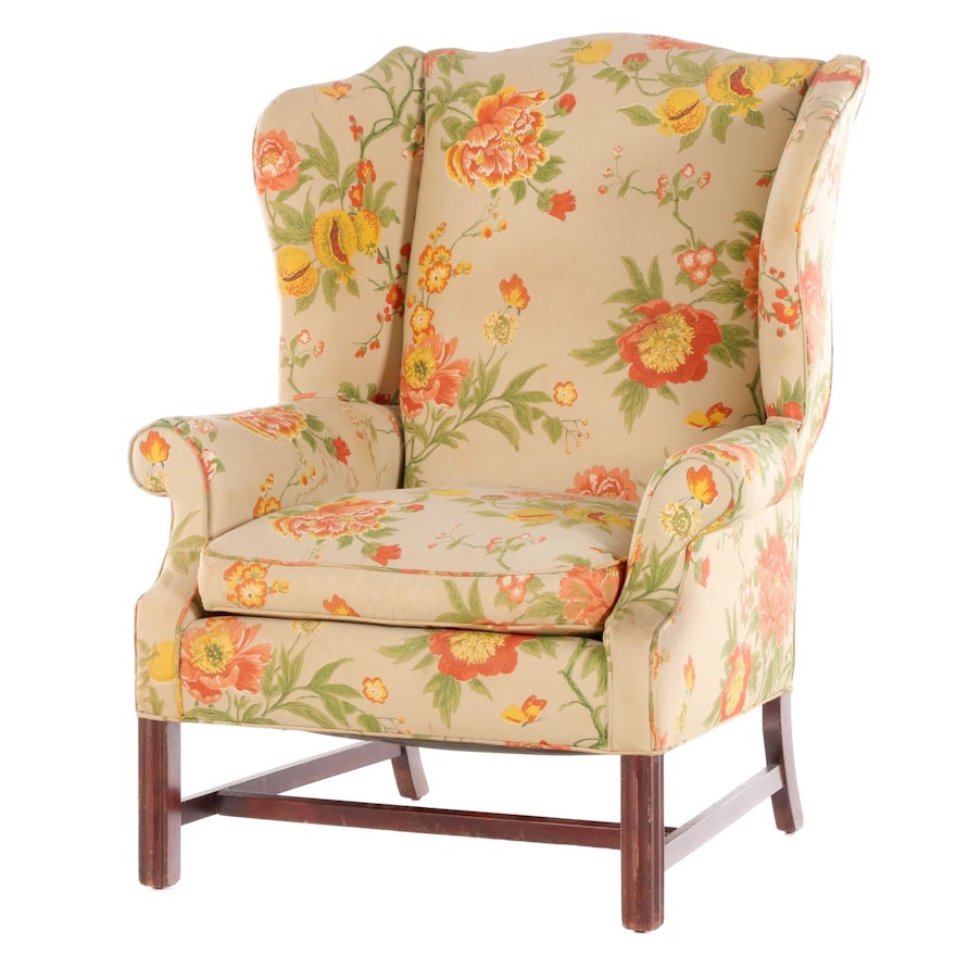 Chippendale Style Mahogany-Stained and Floral-Upholstered Wingback Armchair