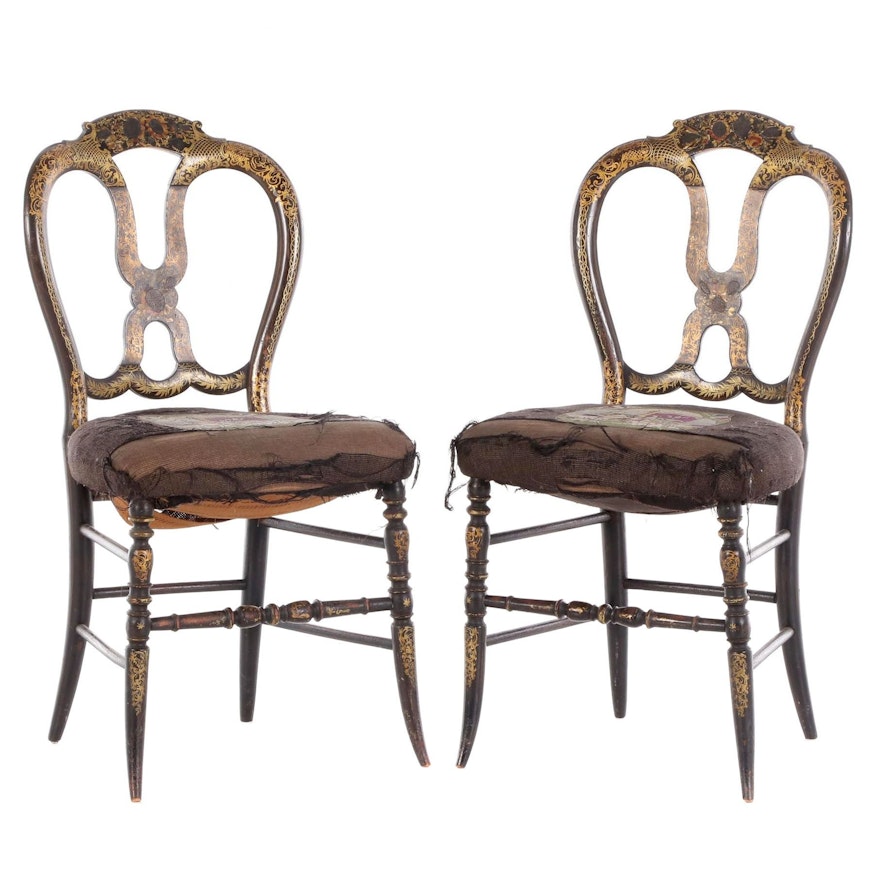Pair of Victorian Ebonized, Parcel-Gilt, and Needlepoint Side Chairs