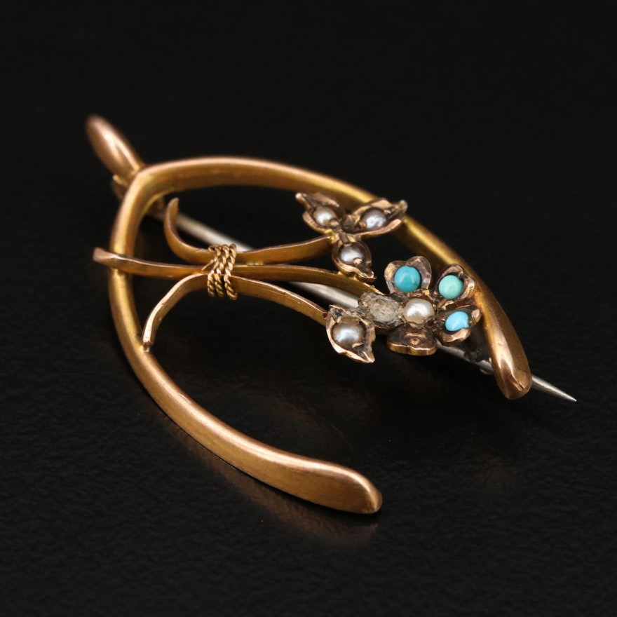 Victorian 9K Turquoise and Seed Pearl Wishbone Brooch