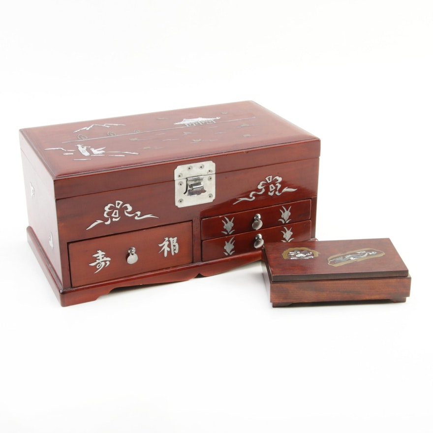 East Asian Lacquered Wood Music Jewelry Box and Trinket Box with Abalone Inlay