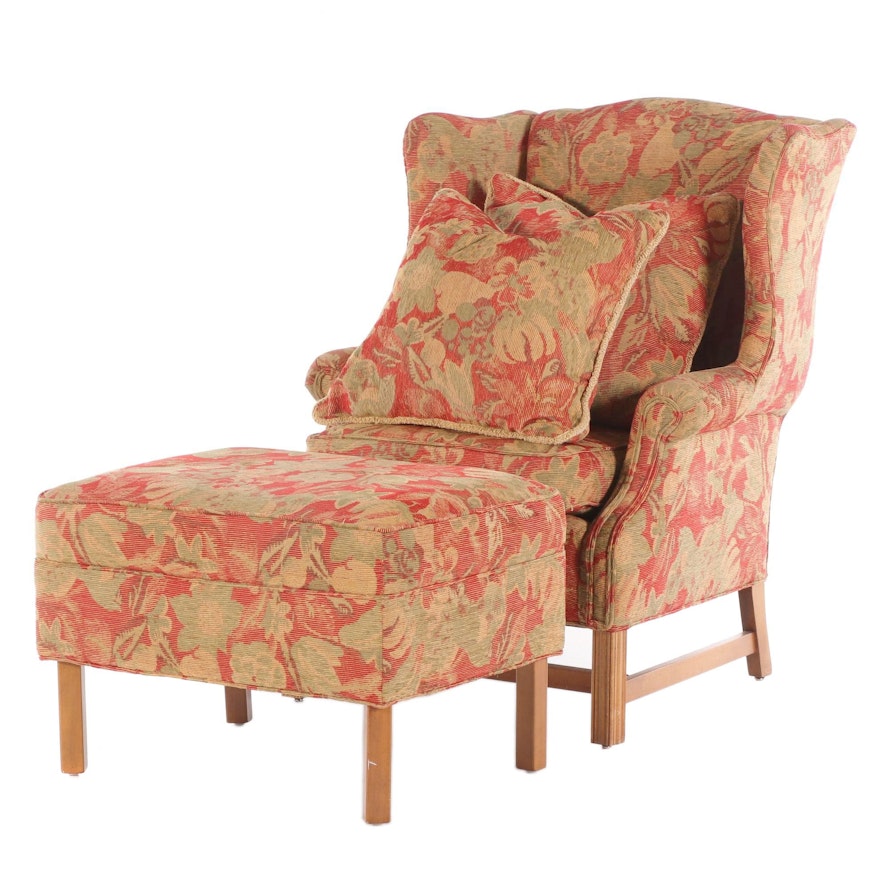 Chippendale Style Upholstered Wing Back Arm Chair and Stool, Late 20th Century