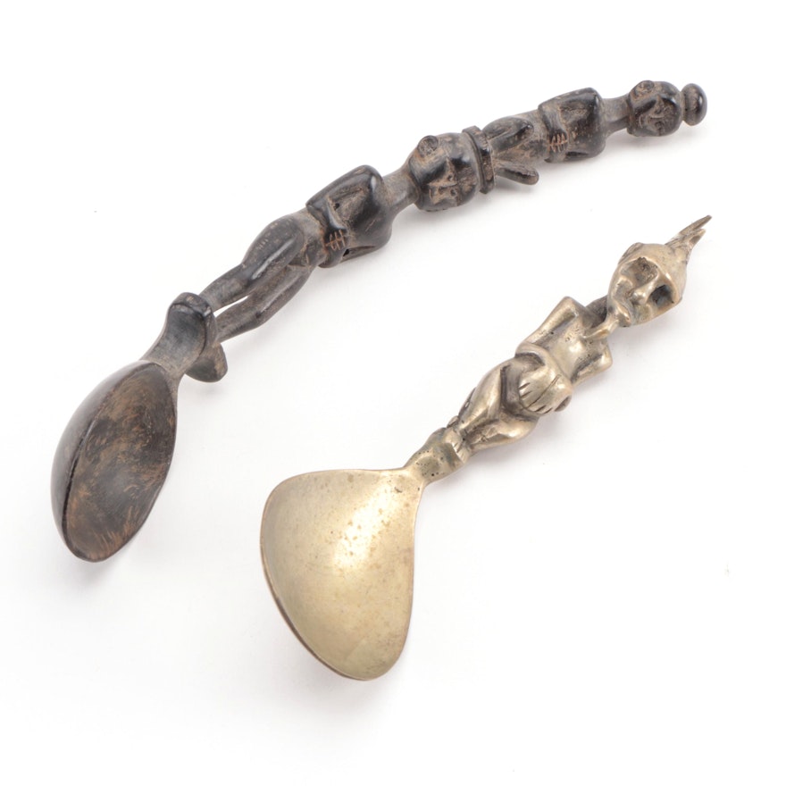 Indonesian Carved Water Buffalo Horn and Metal Spoons