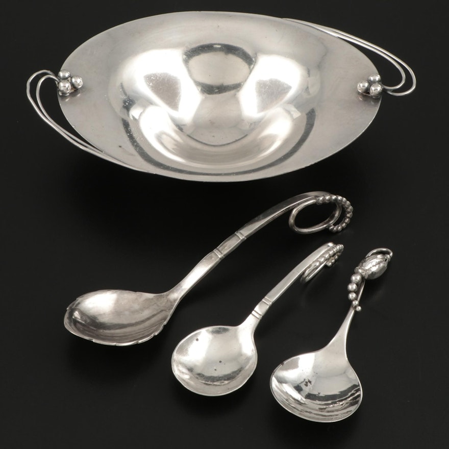 Georg Jensen Sterling Silver Curved Handle Spoons with Silver Plate Dish