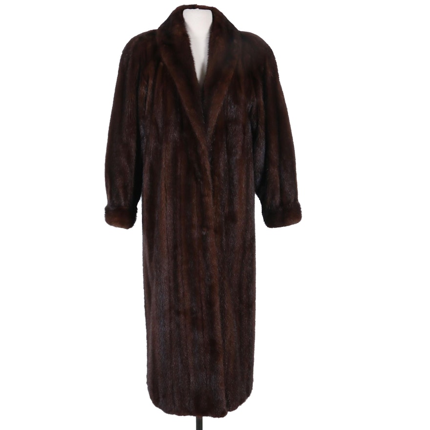 Adolfo Mahogany Mink Fur Full-Length Coat with Banded Cuffs, Vintage