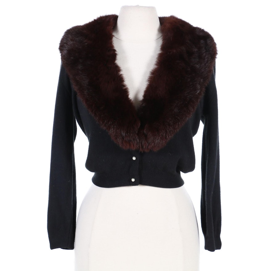 Cashmere and Wool Cardigan with Dyed Rabbit Fur Collar, Mid-20th Century