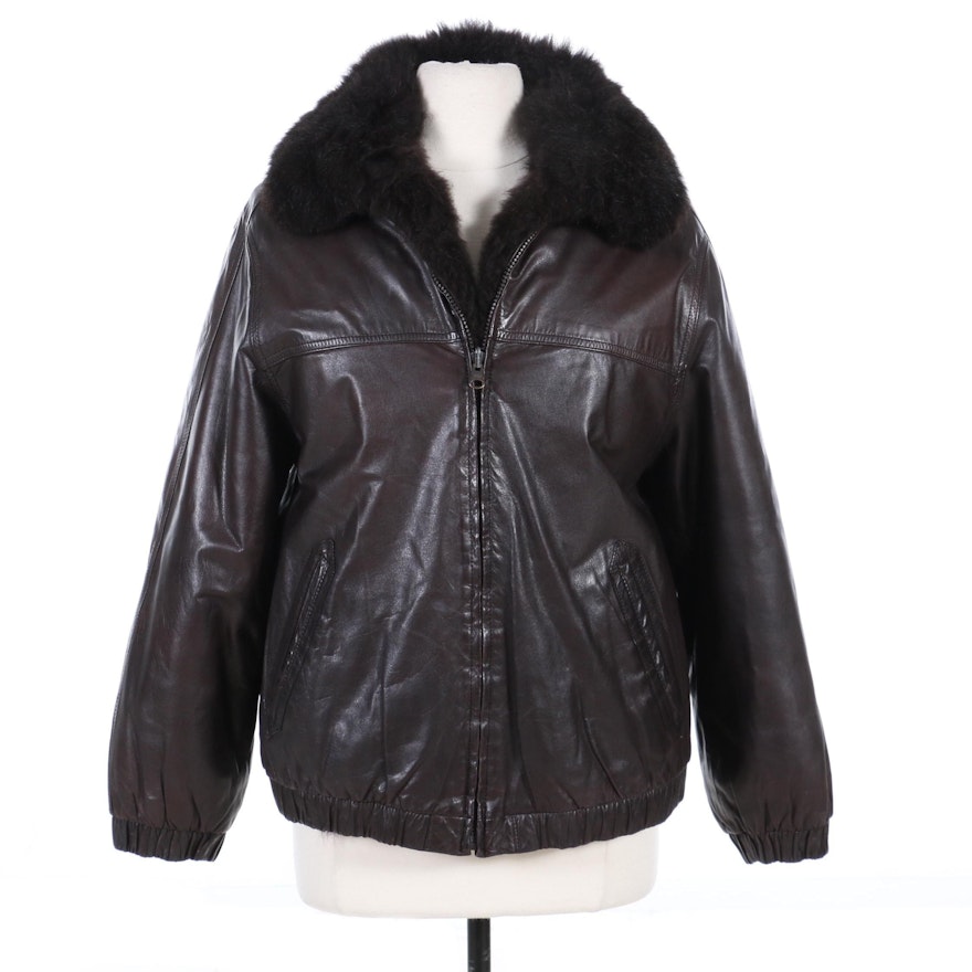Black Leather Zipper Front Jacket with Dyed Australian Possum Fur Lining