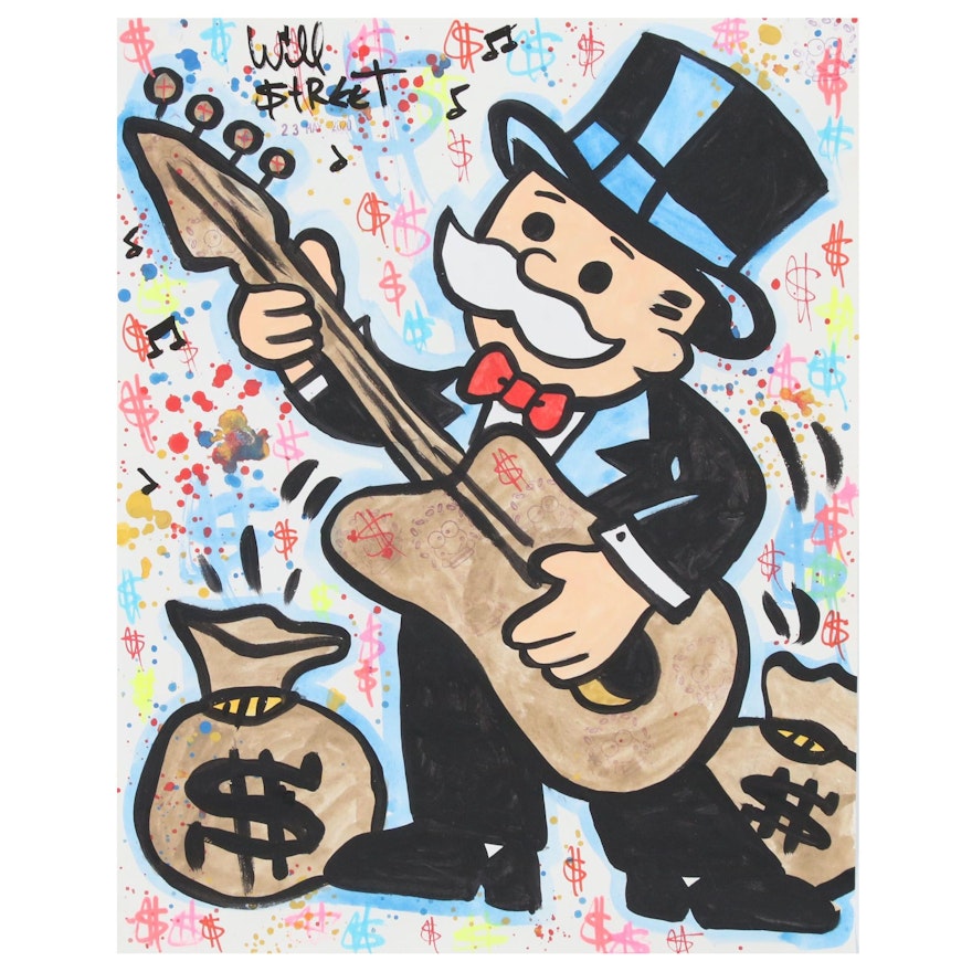 Will $treet Mixed Media Painting of Monopoly Man with Guitar