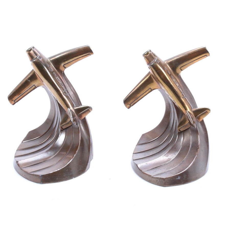 Art Deco Style Brass Airplane Bookends