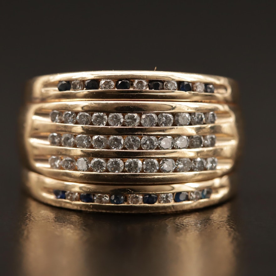 14K Channel Set Diamond and Sapphire Tapered Band