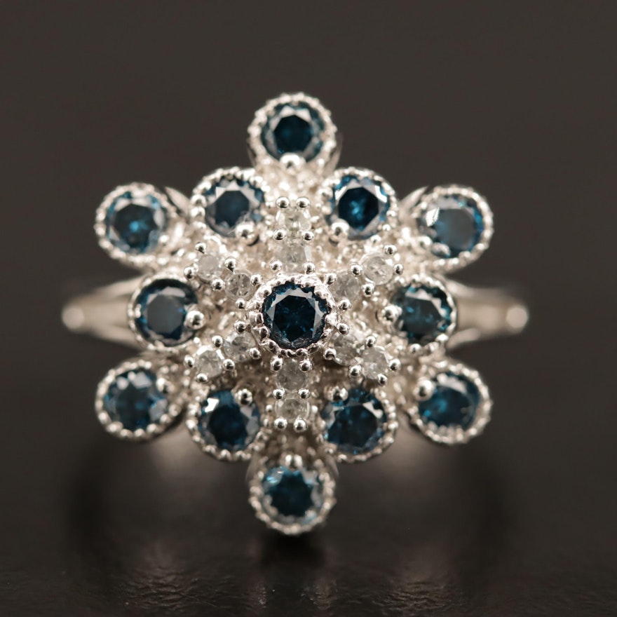 14K Blue Diamond and Diamond Cluster Ring