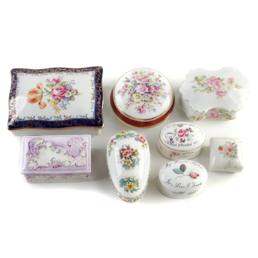 German Martinroda Hand-Painted Porcelain Box and Other Trinket Boxes