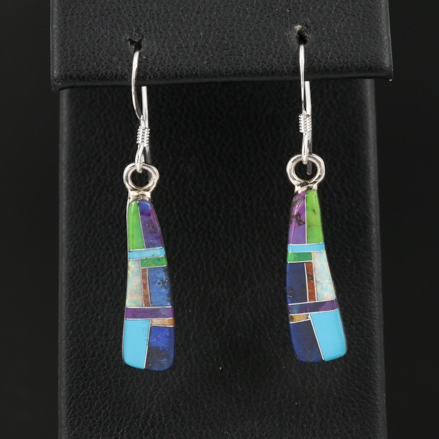 Sterling Silver Inlay Drop Earrings with Lapis Lazuli, Coral and Opal