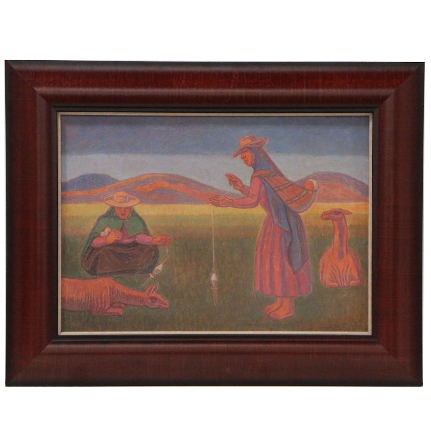 Oil Painting of Indigenous South American Wool Spinners with Alpacas