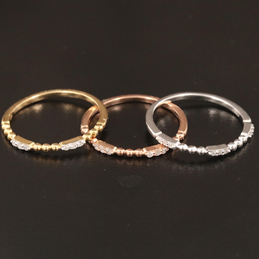 10K Tri-Color Diamond Stackable Rings