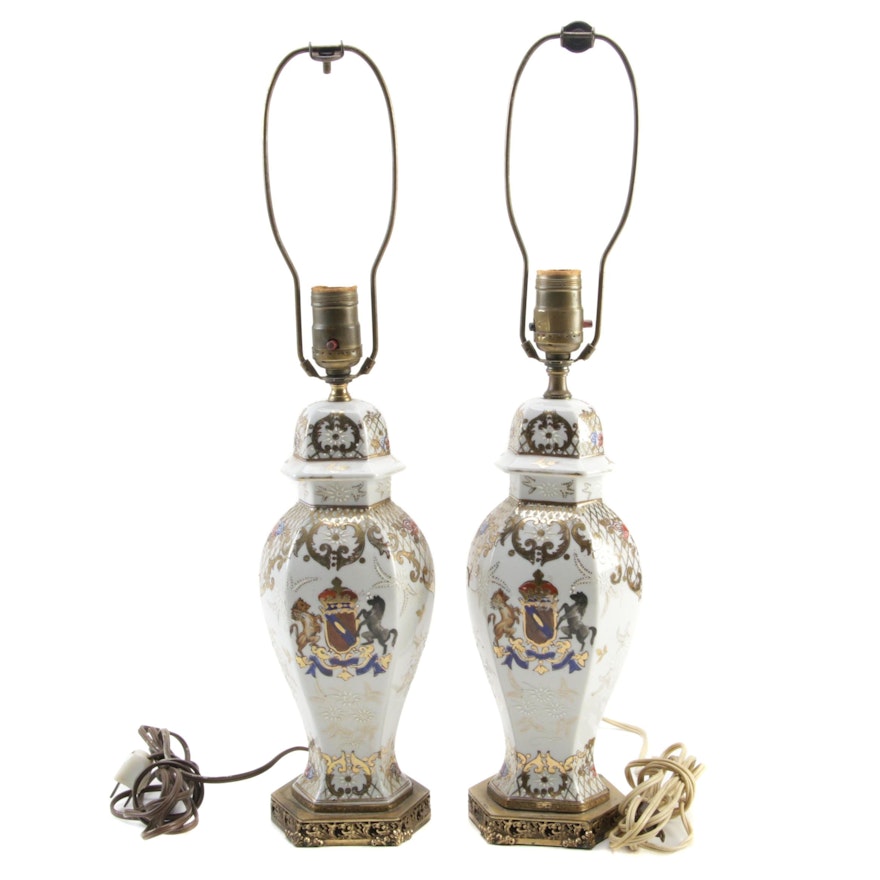 Gilt Hand-Painted Heraldic Porcelain Table Lamps, Early to Mid 20th Century