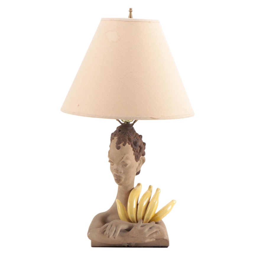 Ceramic Woman and Bananas Table Lamp with Fabric Shade, Mid to Late 20th C.