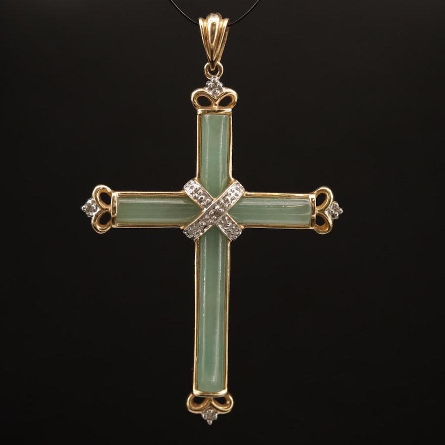 14K Jadeite and Diamond Cross Pendant