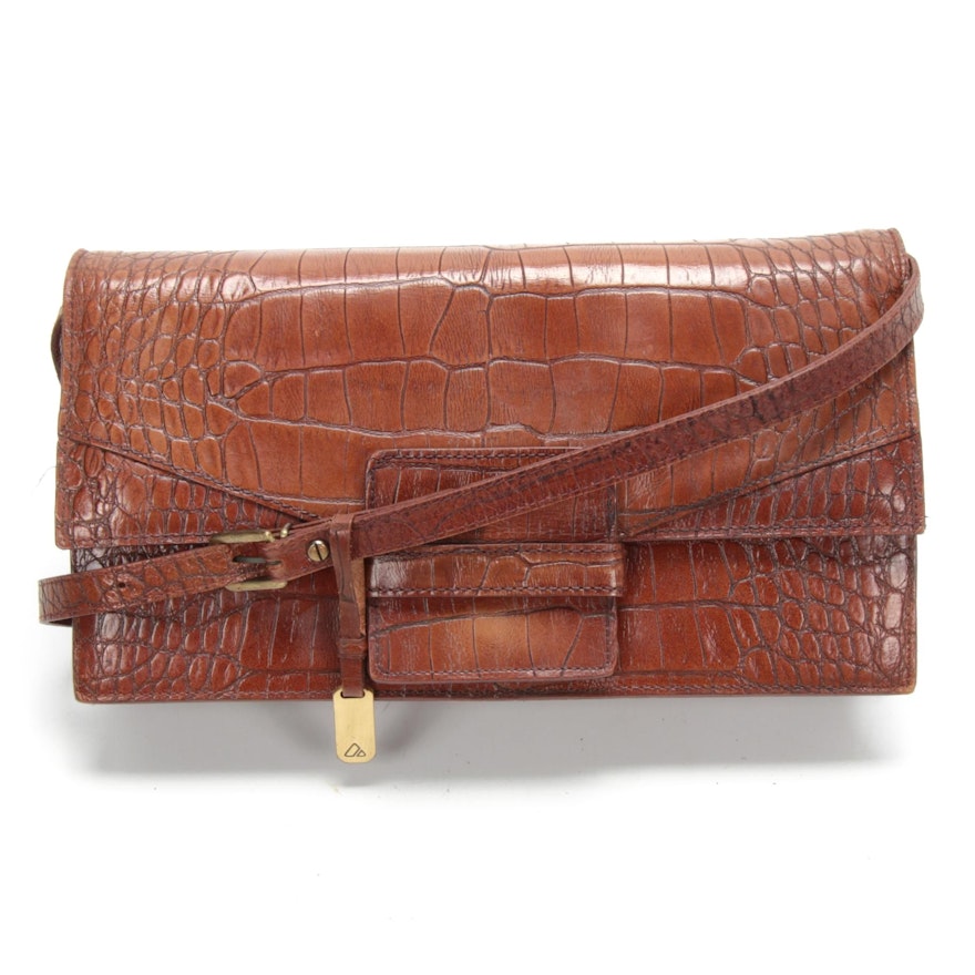 Liz Claiborne Croc-Embossed Brown Leather Shoulder Bag