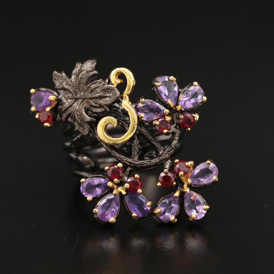 Sterling Amethyst and Garnet Floral Ring