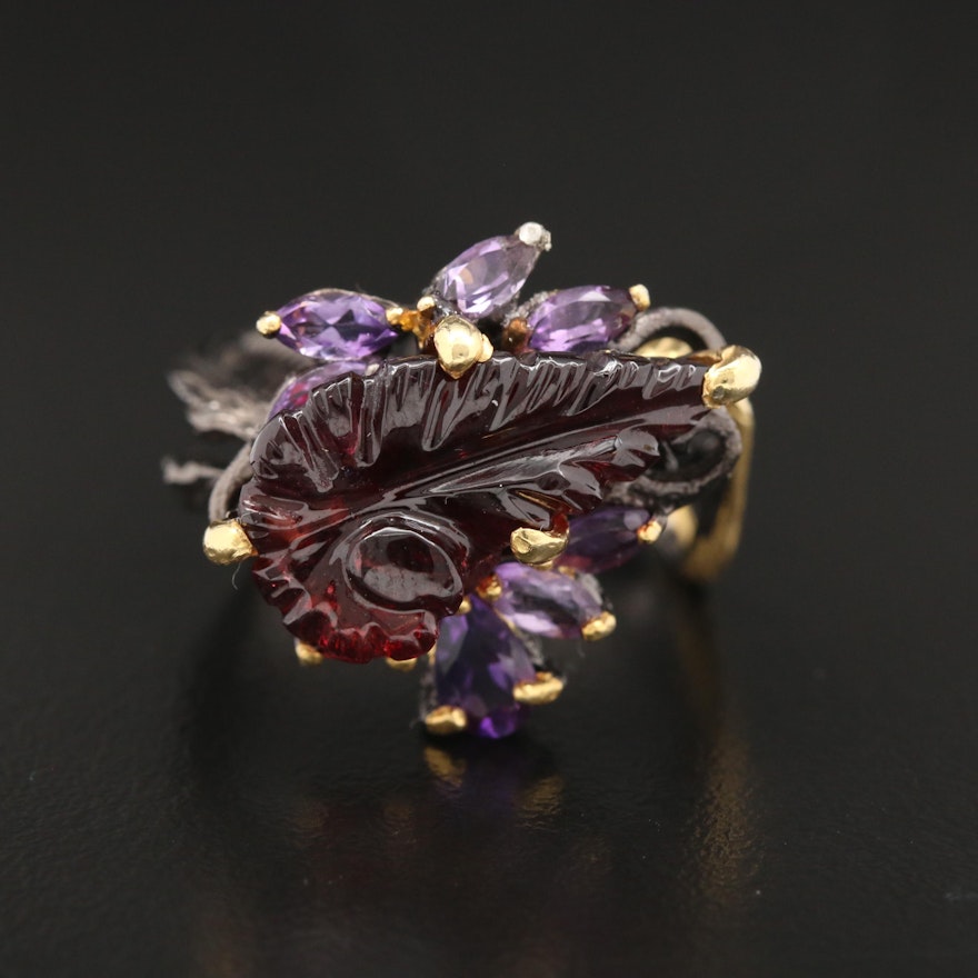 Oxidized Sterling Silver, Carved Garnet and Amethyst Biomorphic Ring
