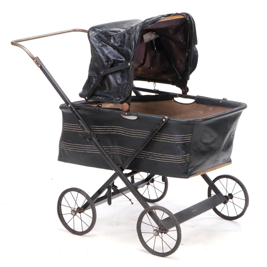 Siebert Oil Cloth and Wood Baby Carriage, Early to Mid-20th Century