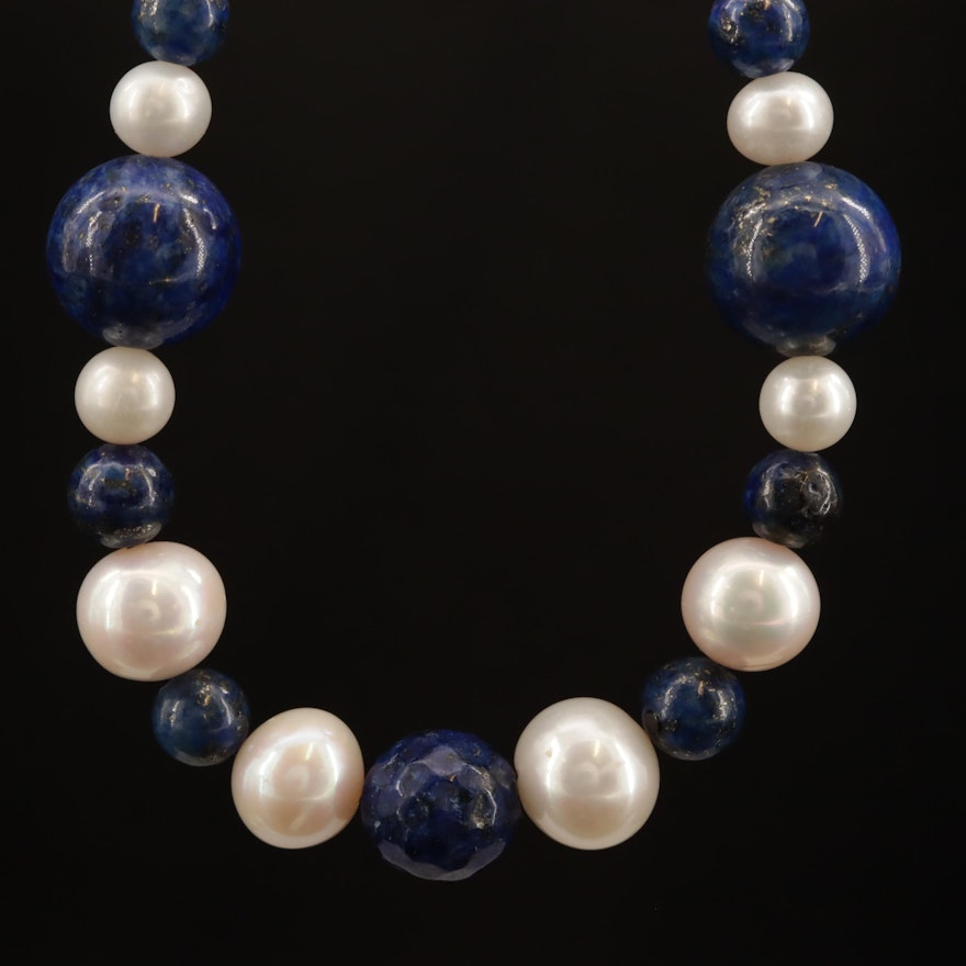 Beaded Lapis Lazuli and Cultured Pearl Necklace With Sterling Silver Clasp