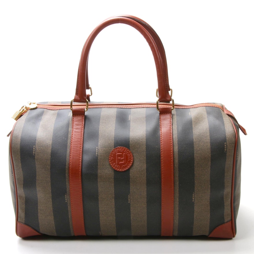 Fendi Pequin Striped Coated Canvas and Leather Top Handle Boston Bag