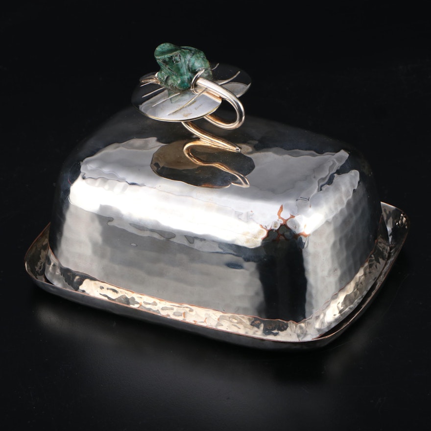 Emilia Castillo Hammered Silver Plate and Malachite Frog Covered Butter Dish