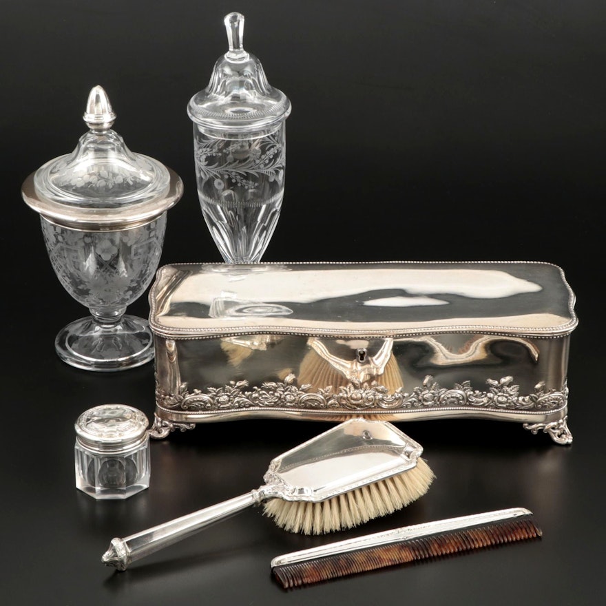 Sterling Silver Brush and Comb Set with Silver Plate Box and Etched Glass Jars