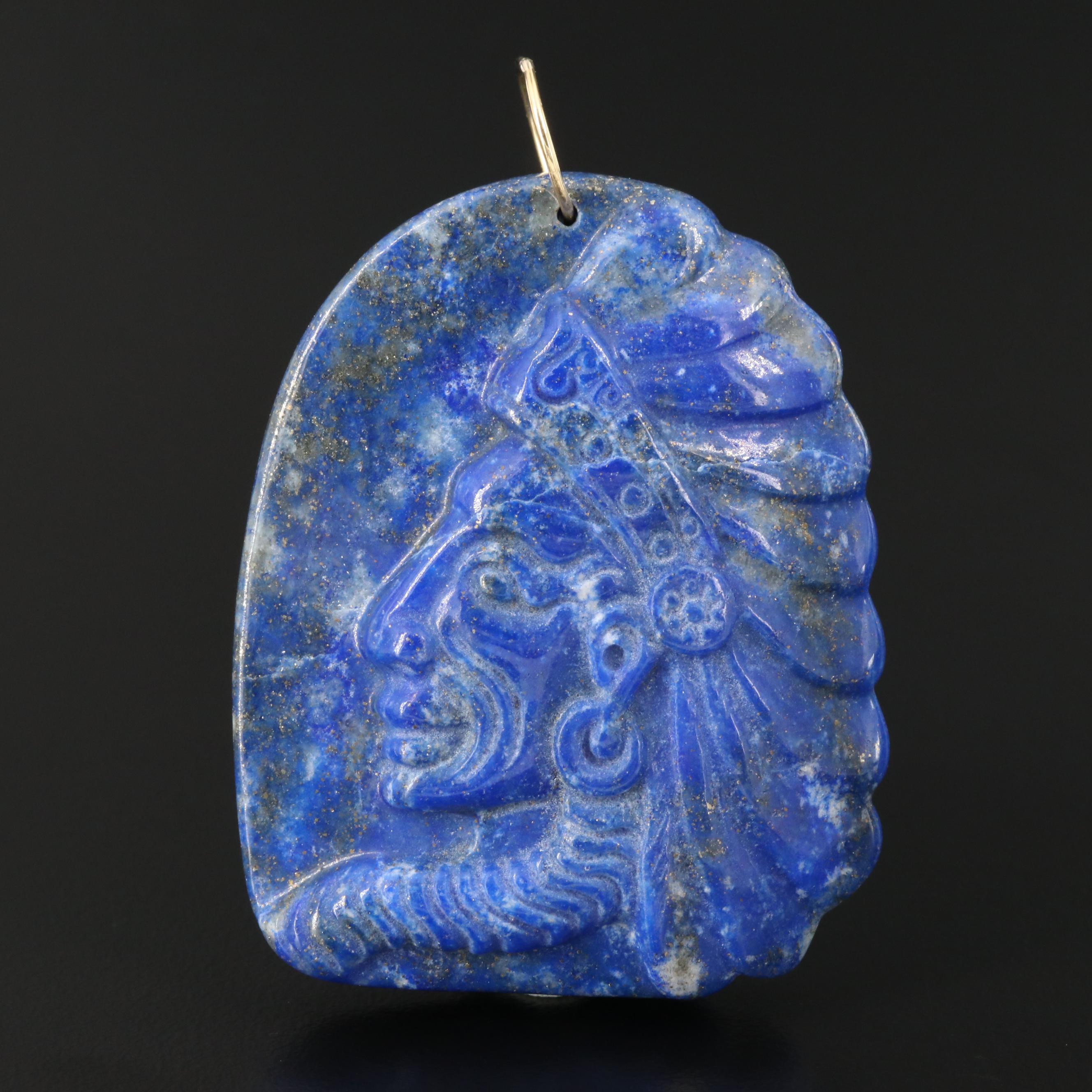 Carved Lapis Lazuli Chieftain Cameo Pendant with 18K Bail