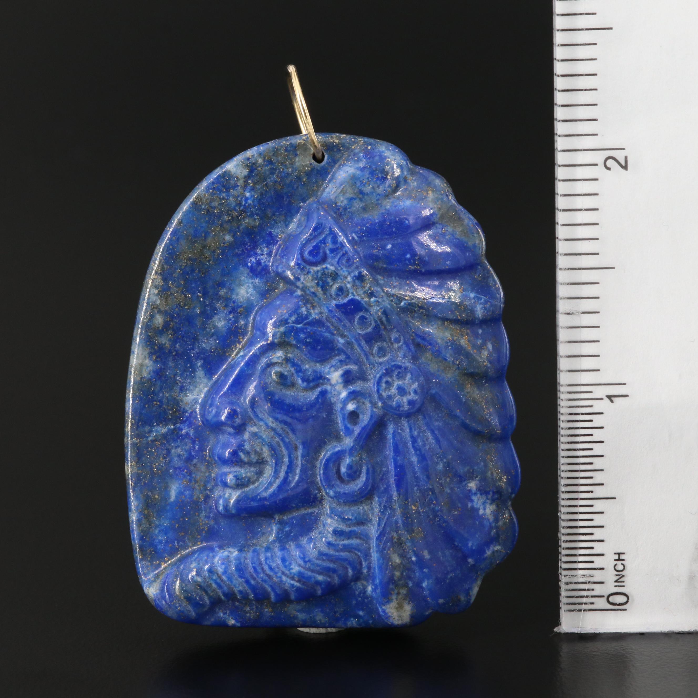 Carved Lapis Lazuli Chieftain Cameo Pendant with 18K Bail