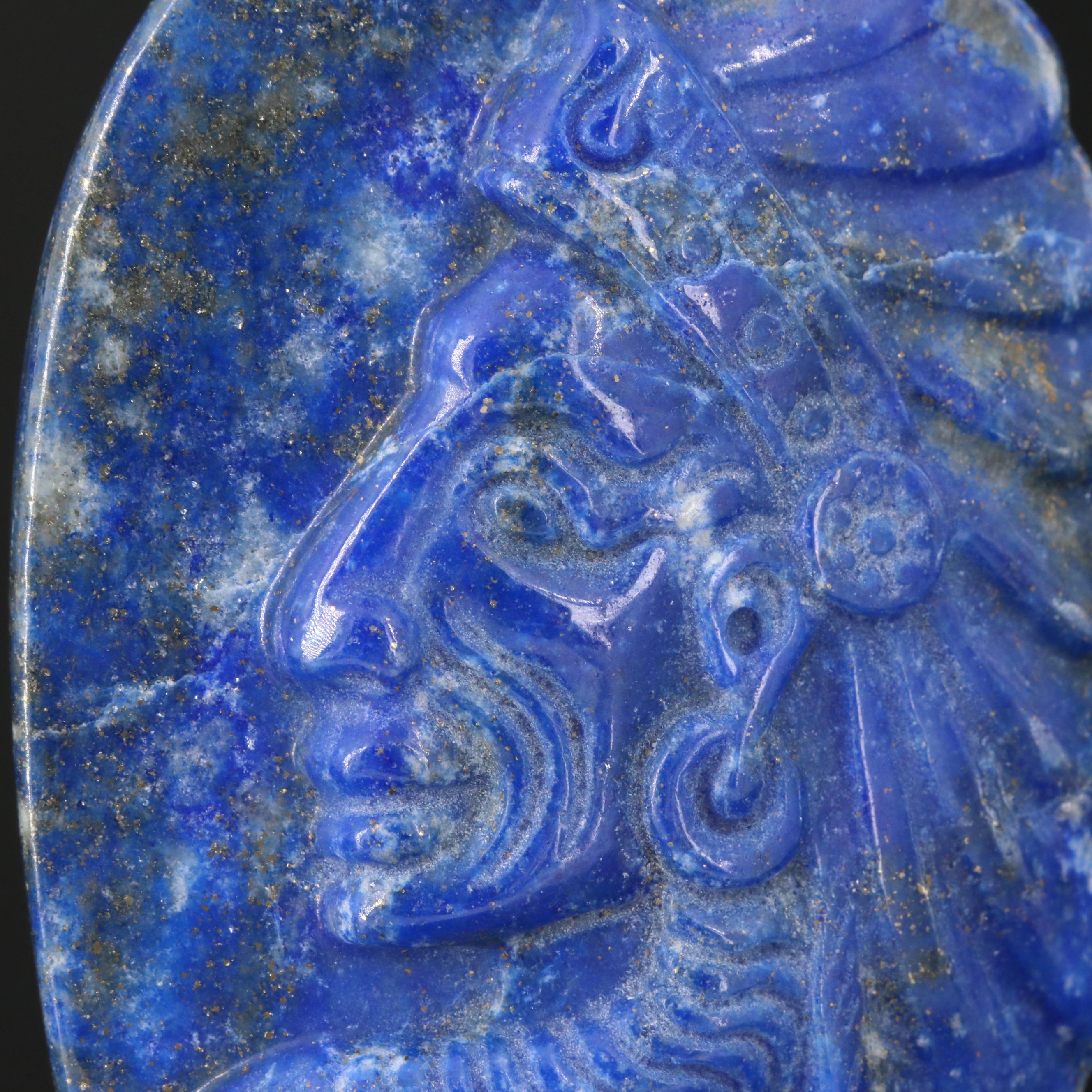 Carved Lapis Lazuli Chieftain Cameo Pendant with 18K Bail