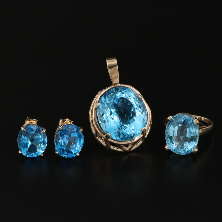 14K Blue Topaz Ring, Pendant and Earring Set