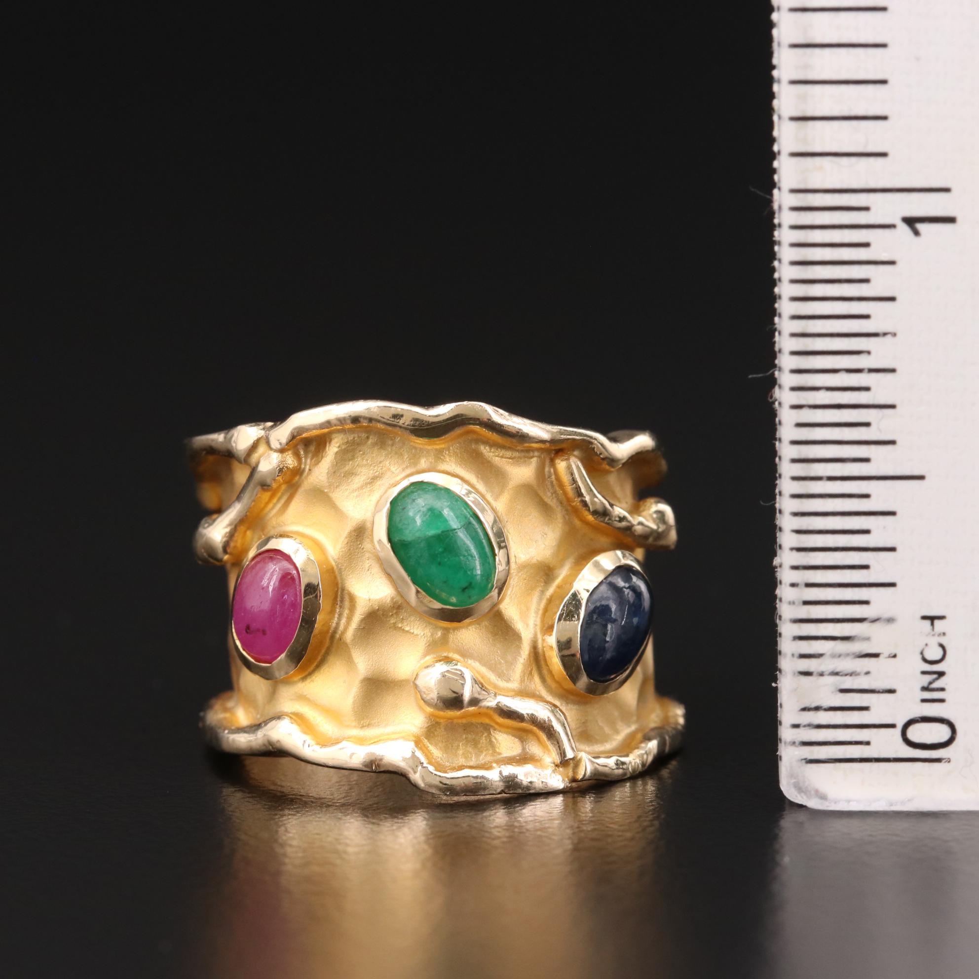 Hammered 14K Yellow Gold Sapphire, Emerald, and Ruby Ring