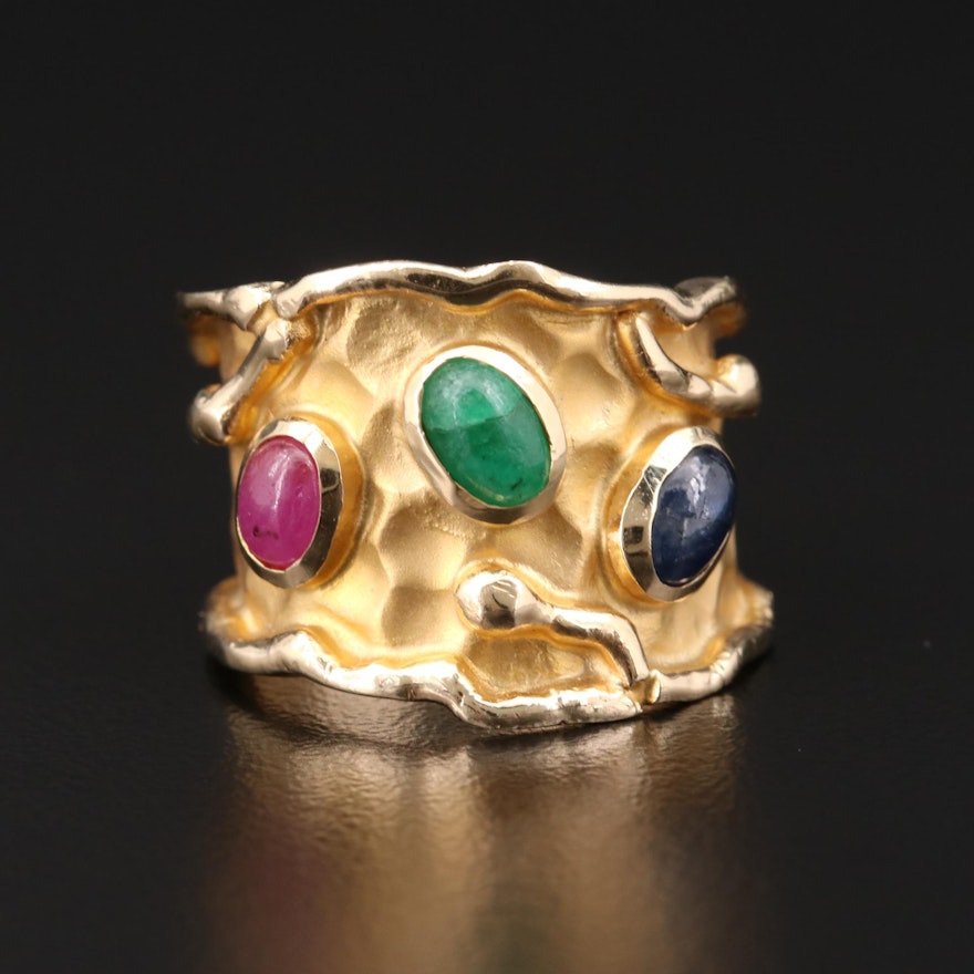 Hammered 14K Yellow Gold Sapphire, Emerald, and Ruby Ring