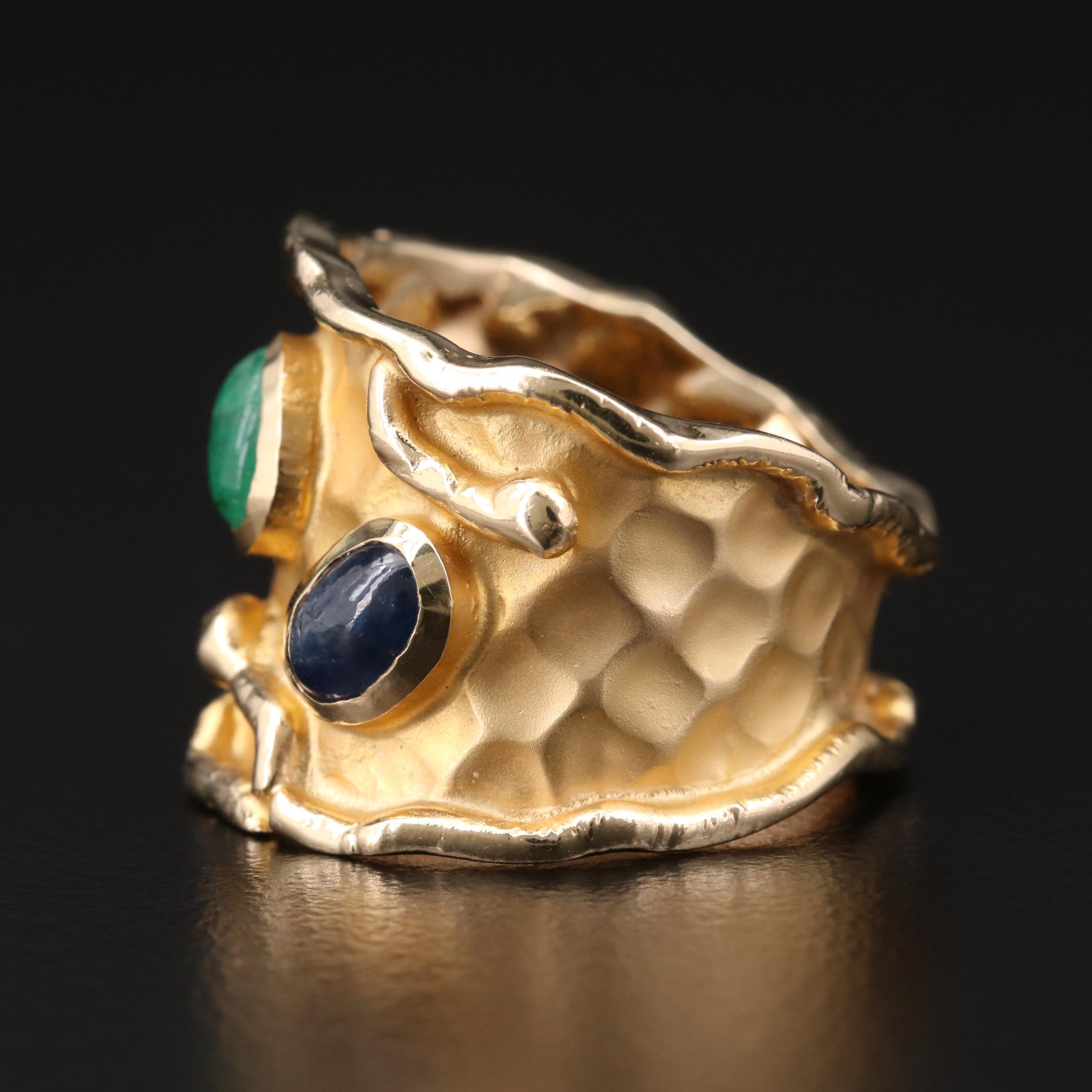 Hammered 14K Yellow Gold Sapphire, Emerald, and Ruby Ring