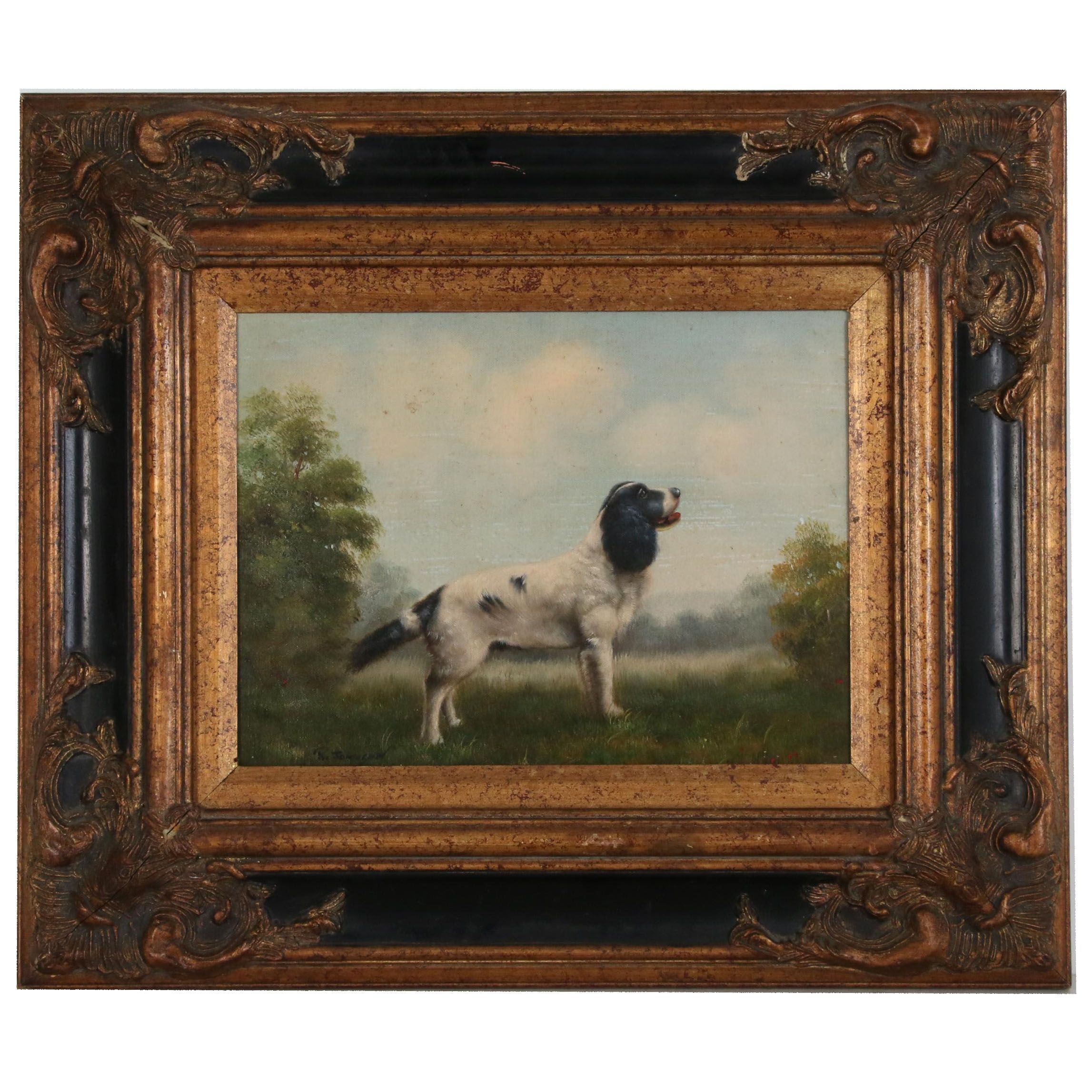 R. Johnson Oil Painting of Black and White Dog in Landscape